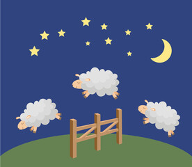 Wall Mural - Cute cartoon three sheep jumping over fence at night. Counting sheep to fall asleep. Good night sleep metaphor poster. Vector illustration.