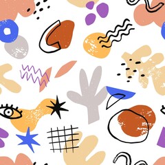 Fototapete - Abstract seamless pattern with modern doodle elements, trendy shapes. Endless background, texture with eyes, grids, waves, lines, leaf repeating print. Colored flat graphic vector illustration