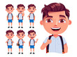 Student boy vector character set design. Male school characters isolated in white background with smiling, funny and friendly pose and facial gestures for back to school kids collection.