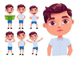 Sticker - School boy vector character set design. Male student characters collection in friendly and thinking expression isolated in white background for back to school education. Vector illustration.
