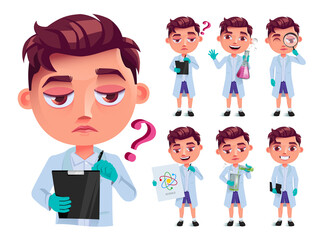 Sticker - Student boy vector character set design. Male characters scientist collection in lab coat with friendly and confused facial expression for science laboratory school kids activity. Vector illustration.