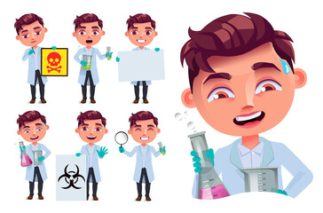 Sticker - Student boy vector character set. Boy scientist school characters with test tube, hazard sign and lab coat activity elements for educational kids experiment. Vector illustration.
