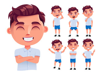 Sticker - Student boy vector character set. Male school characters in friendly, funny and happy facial expression in  neat uniform for children education collection design. Vector illustration.
