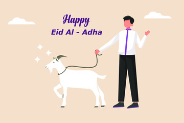 Wall Mural - Young muslim boy  take a white goat for sacrifice. Happy Eid Al Adha. Vector illustration for Eid greeting card, banner and poster. 