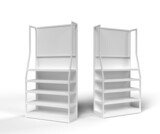 Fototapeta Perspektywa 3d - Empty Product Stands For Supermarket., Empty Displays With Shelves Products On White Background Isolated. Retail shelf.,display mockup retail shelves stand pos POSM.3d rendering mock up.