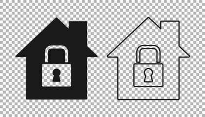 Sticker - Black House under protection icon isolated on transparent background. Home and lock. Protection, safety, security, protect, defense concept. Vector