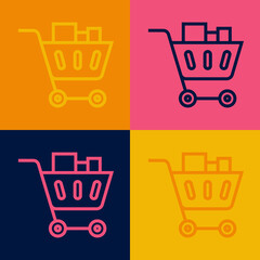 Canvas Print - Pop art line Shopping cart and food icon isolated on color background. Food store, supermarket. Vector