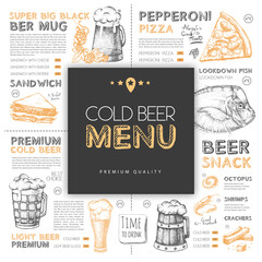 Wall Mural - Beer restaurant menu design with hand drawing elements. Vector illustration