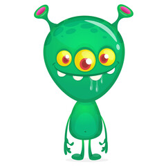 Wall Mural - Funny cartoon smiling monster creature. Halloween Illustration of happy alien character. Vector isolated