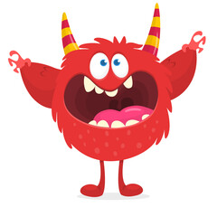 Funny cartoon smiling monster creature. Halloween Illustration of happy alien character. Vector isolated