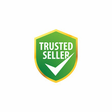 Trusted Logo With Shield Green Frame. Gold Trusted Icon Isolated On White Background. Trusted Seller Label Gold Tags, Medals, Logos, Badges, Quality Product Guarantees.