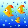 Bright colorful cartoon goldfish with bubbles on blue background. Vector illustration.