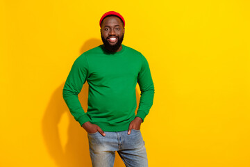 Poster - Photo of nice successful businessman posing wear red beanie green shirt isolated yellow color background