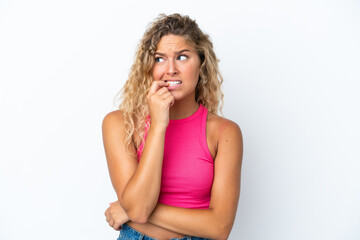 Wall Mural - Girl with curly hair isolated on white background nervous and scared