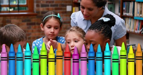 Poster - Animation of colourful pencils over caucasian female teacher talking with diverse schoolchildren