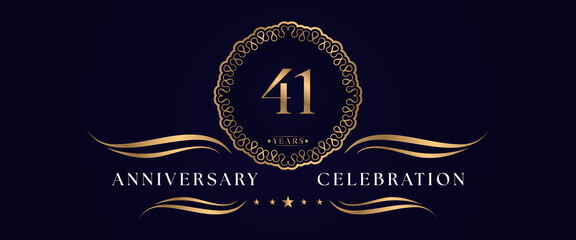 Wall Mural - 41 years anniversary celebration with elegant circle frame isolated on dark blue background. 41 years Anniversary logo. Vector design for greeting card, birthday party, wedding, event party, ceremony.