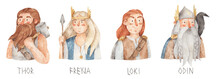 Norse Mythology, Gods And Goddess - Thor, Freya, Loki, Odin. Watercolor Hand-drawn Illustration. Scandinavian Gods