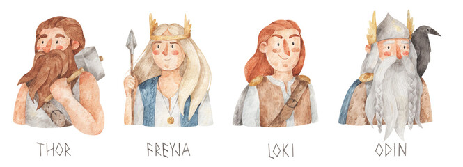 Norse mythology, gods and goddess - Thor, Freya, Loki, Odin. Watercolor hand-drawn illustration. Scandinavian gods