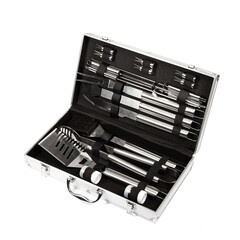 New barbecue set with skewers, forks and knives in an aluminum suitcase with a handle on a white background