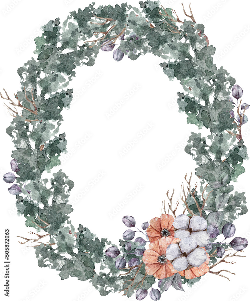 Watercolor eucalyptus wreath frame clipart, winter cotton flower ...