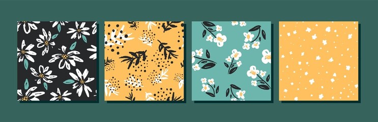 Wall Mural - Set of abstract floral seamless patterns with flowers and leaves. Fashionable hand-drawn textures. Modern abstract design for paper, cover, fabric and other users