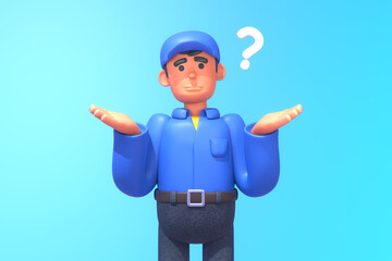 Wall Mural - 3d render of mechanic, courier or construction worker thinking, making decision