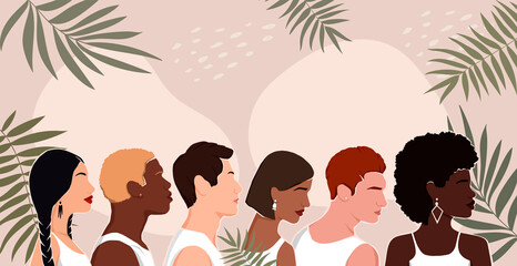 group of diverse people from different ethnic backgrounds are standing together. all people are equal. flat illustration with flowers and leaves.