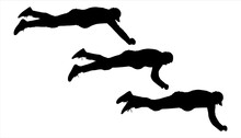 The Guy, In The Supine Position, Is A Lifeguard. Skydiver. Reach Out, Save. A Man Of A Large Physique. A Young Guy In A Cap, In A Tracksuit. Three Black Male Silhouettes Are Isolated On A White.