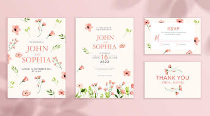 Wedding invitation card set template with beautiful pink flowers and leaves watercolor in pink background.