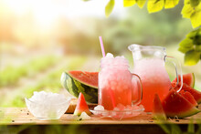 Glass And Pitcher With Natural Watermelon Drink With Nature Background