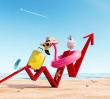 Summer Travel Prices Rising Concept. Red Arrow On The Beach Going Up With Travel Accessories 3D Rendering, 3D Illustration
