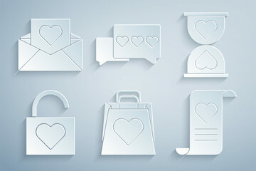 Poster - Set Shopping bag with heart, Heart the center hourglass, Lock and, Envelope Valentine, Like and icon. Vector