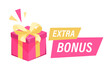 Vector Illustration extra bonus sign. Gift pink box with ribbon. Flat design for business and advertising. Label for web.	
