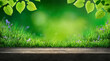 A wooden table product display with lush green  garden background of grass, leaves and blurred foliage.