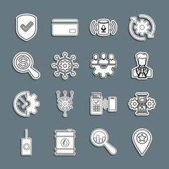 Poster - Set line Location with star, Hourglass and gear, Scientist test tube, Voice assistant, Project management, Magnifying dollar, Shield check mark and team base icon. Vector