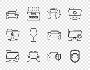 Canvas Print - Set line FTP folder upload, Car protection or insurance, service, Police car and flasher, Electric, Wine glass, and sync refresh icon. Vector