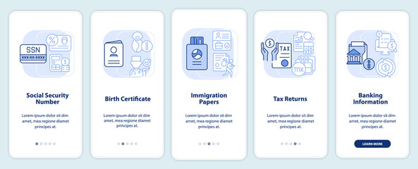 Social program application light blue onboarding mobile app screen. Walkthrough 5 steps graphic instructions pages with linear concepts. UI, UX, GUI template. Myriad Pro-Bold, Regular fonts used