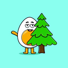 Wall Mural - Cute cartoon Boiled egg character hiding tree in 3d modern design 