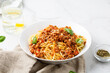 Close up of bolognese sauce spaghetti in bowl