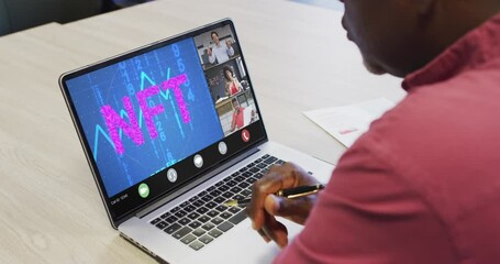 Poster - African american businessman using laptop for video call with diverse business colleagues