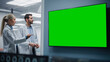 © Gorodenkoff - Medical Neuroscience Hospital Lab Meeting: Neurosurgeon and Neurologist Use Green Screen Chroma Key TV, Talk About Sick Patient Treatment Method, Advanced Drugs, High-Tech Biotechnology Research