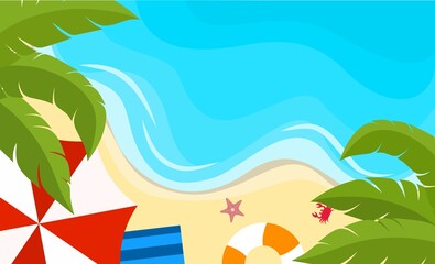 Wall Mural - Summer background flat design with beach view. Summer vacation poster. Vector illustration of tropical beach with umbrella, swim ring, palm leaf, starfish, crab and sea