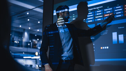 Poster - Conference Business Meeting Presentation: CEO Businessman Shows Data to Group of Investors, Businessspeople. Projector Screen Shows Graphs, Product Sales, Revenue Growth Strategy, e-Commerce Analysis