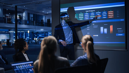 Poster - Conference Business Meeting Presentation: CEO Businessman Shows Data to Group of Investors, Businessspeople. Projector Screen Shows Graphs, Product Sales, Revenue Growth Strategy, e-Commerce Analysis