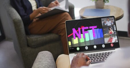 Canvas Print - Video of biracial woman having nft video call on tablet with diverse coworkers