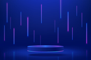 Abstract realistic blue 3d cylinder pedestal podium. Sci-fi dark abstract room with vertical glowing neon lighting lines. Vector rendering mockup product display. Futuristic scene, Stage for showcase.