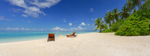 Great Beach Panorama In Maldives. Vacation On A Dream Island.