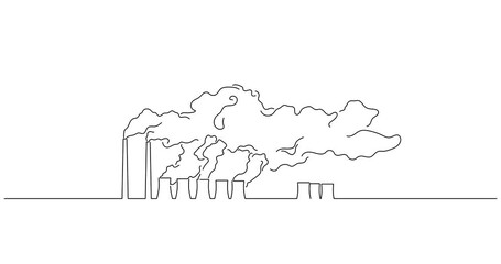 Wall Mural - Ecology and climate change concept in line art animation. Video footage of polluting emissions from a factory. Black linear video on white background. Animated gif illustration design.