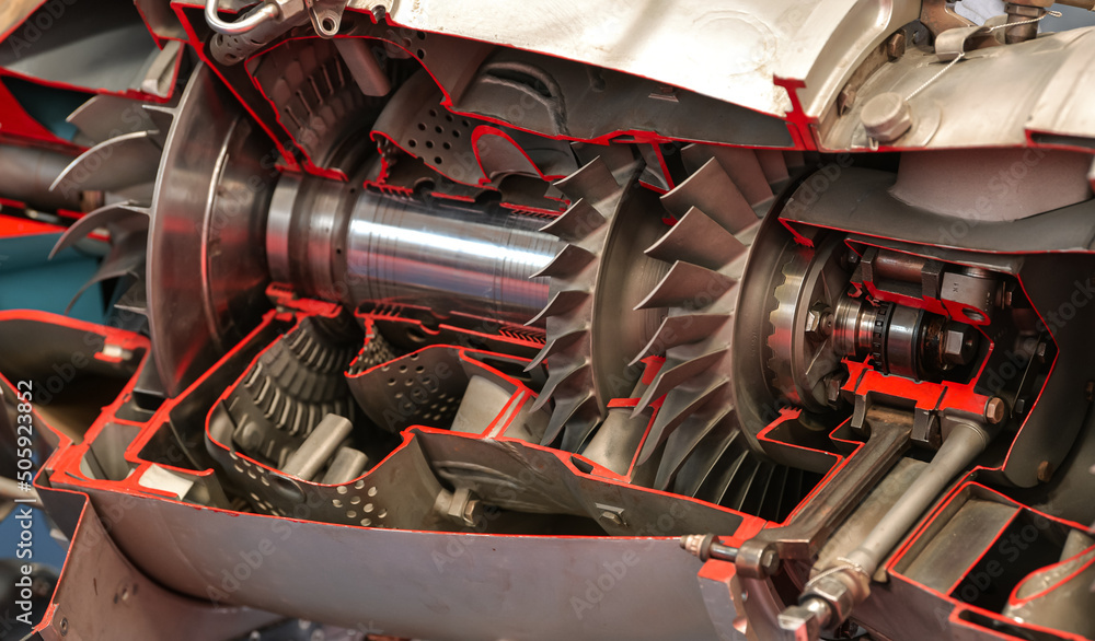 Detail view from the inside of a military airplane turbojet and ...
