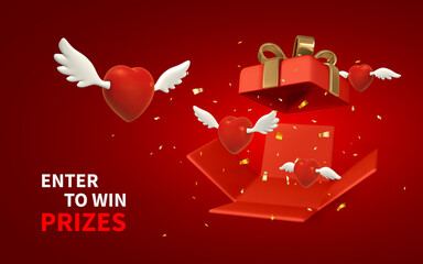 Wall Mural - Enter to win prizes. 3d flying hearts with wings from open red gift box on a red background. Valentine's Day design. Vector illustration